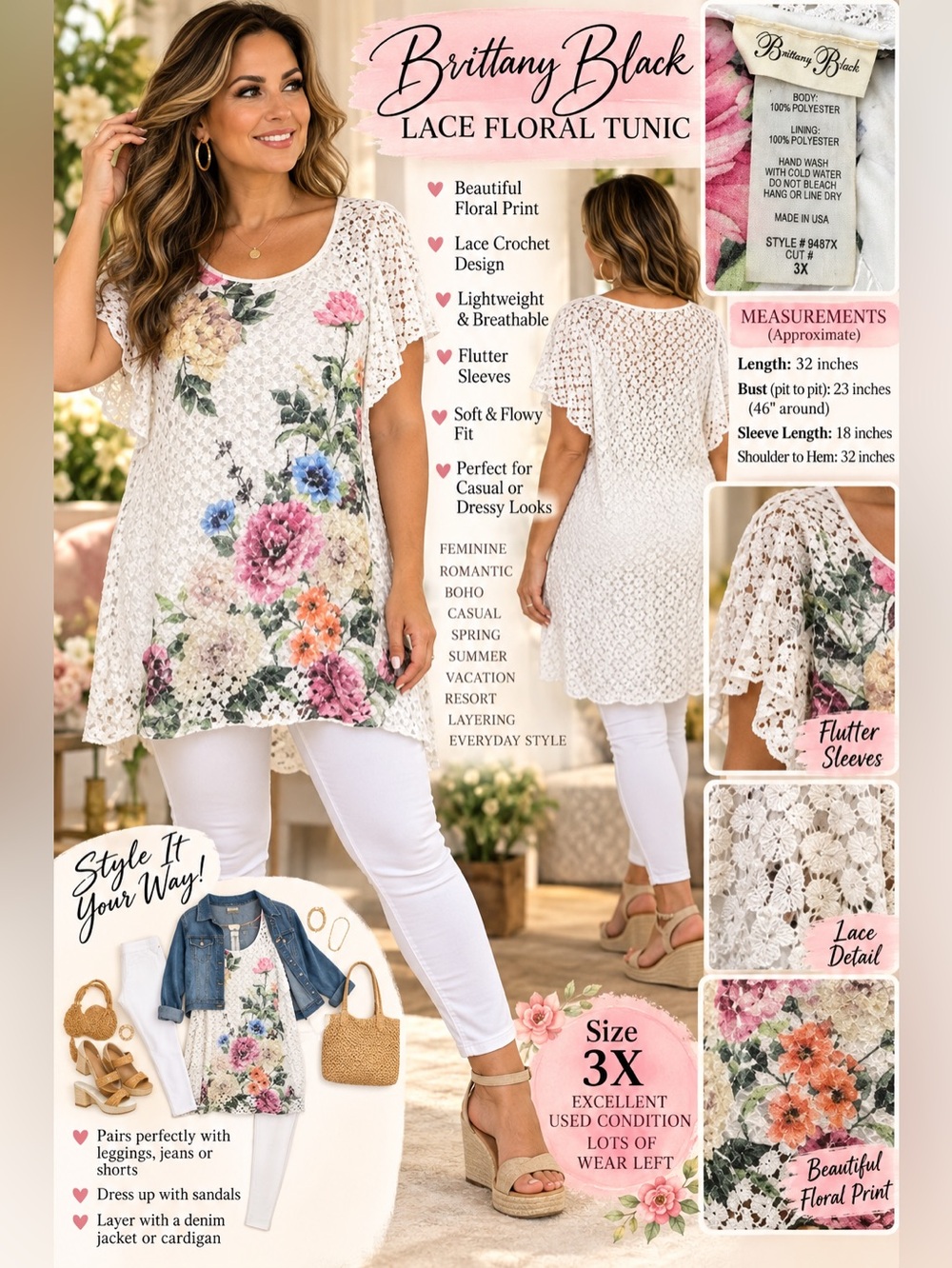 Brittany Black White Floral Lace Scoop Neck Tunic